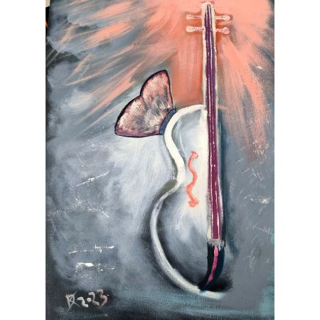 Butterfly on Violin Oil Canvas Painting by Artist Debayan Kundu 30 x 20 Inches
